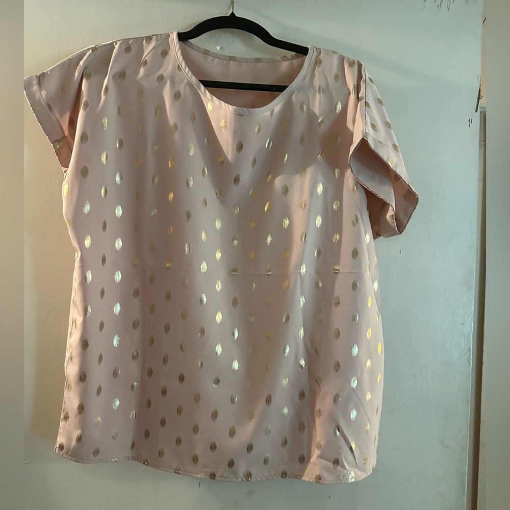 Blush Pink Short Sleeve Blouse with Gold Dot Detail